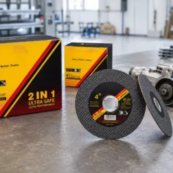 4 inch ultra thin cutting discs 100x1.2x16mm with branded carton on a metal workbench, ready for use on 4 inch angle grinders for stainless steel and carbon steel cutting in industrial projects